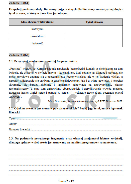 Sprawdzian Z Romantyzmu 2 Gimnazjum Informacje www.napolski.edu.pl
